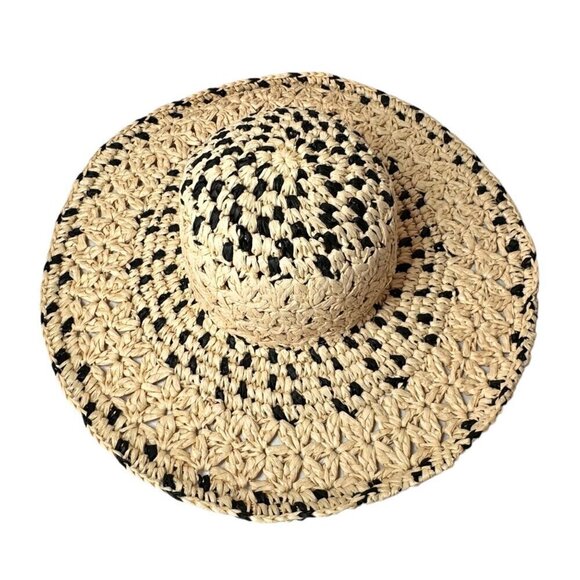 NWT Magid Hats Black & Neutral Straw Crochet Wide Brim Sun Summer Floppy Hat - Picture 3 of 12